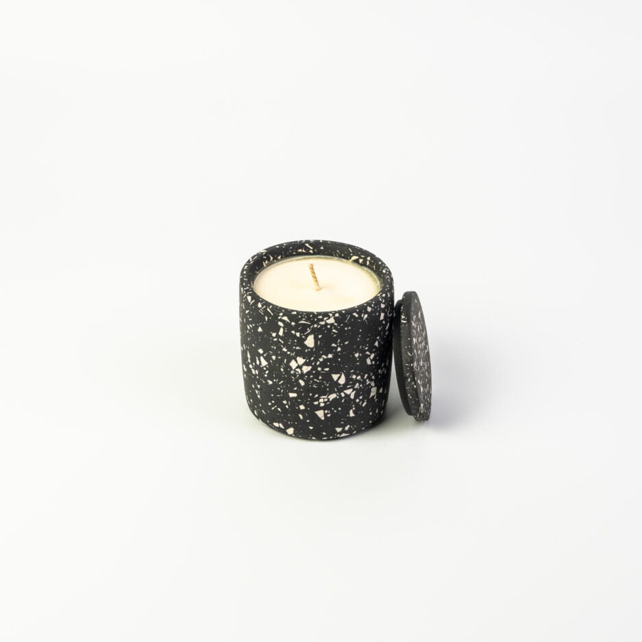 Terrazzo Candle pot, black and white with lid open