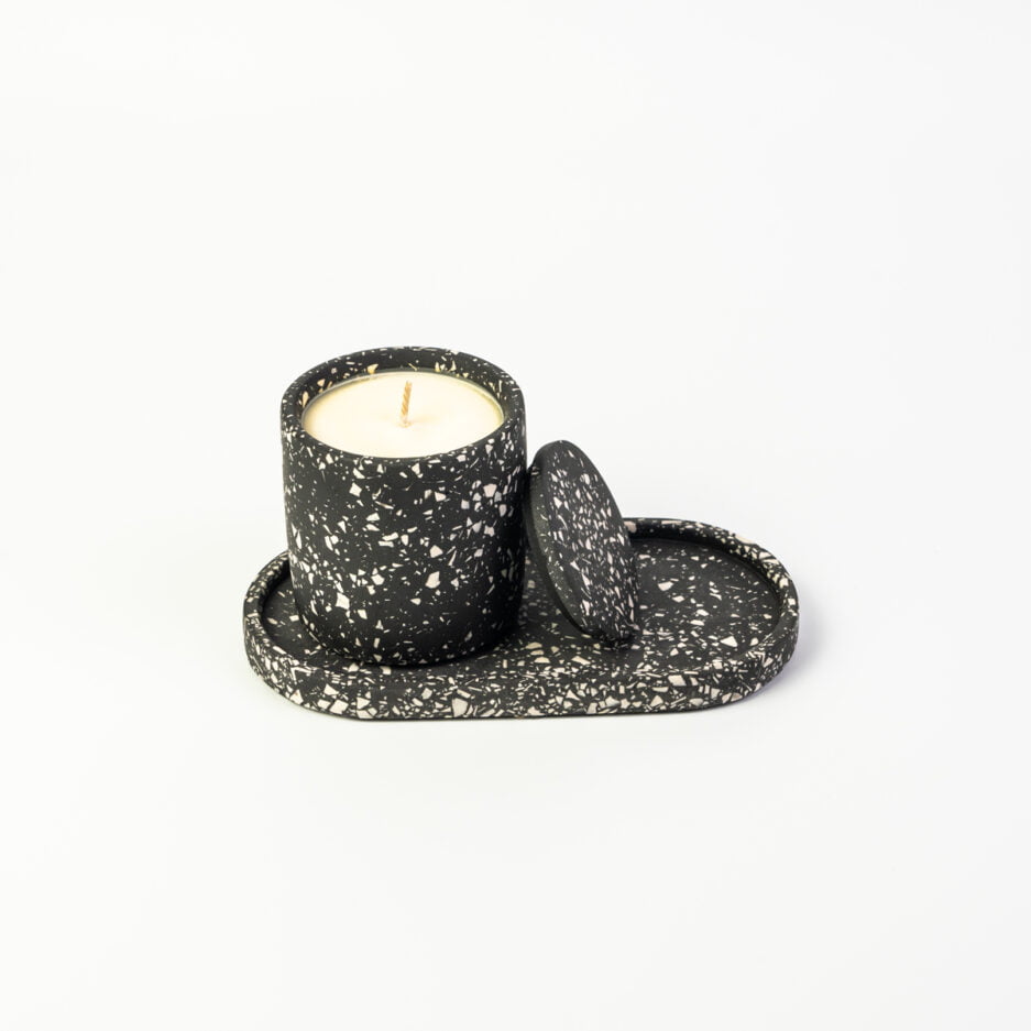 Terrazzo Candle pot, black and white with lid and oval tray